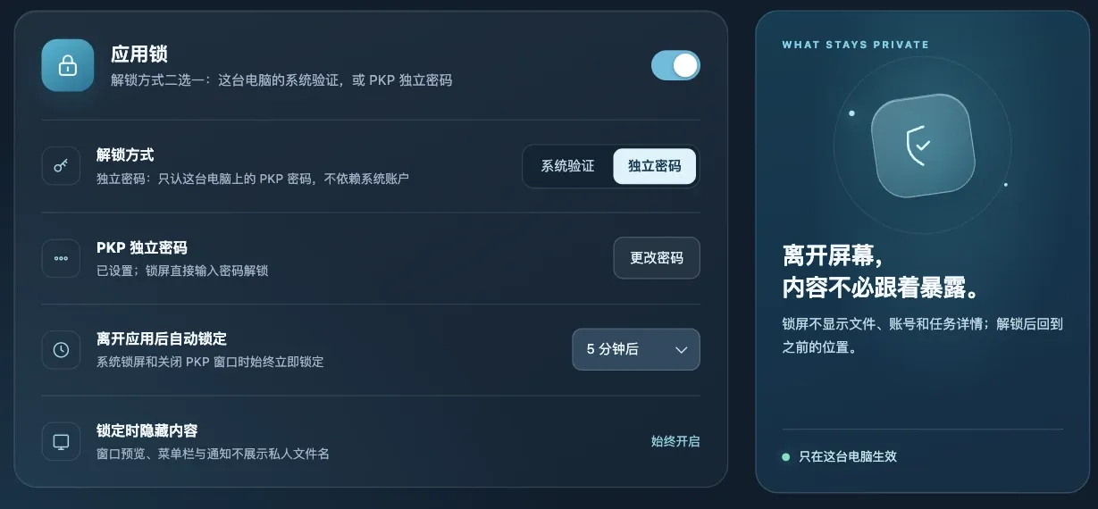 应用锁设置设计稿局部：解锁方式、独立密码、离开后自动锁定与锁定时隐藏内容；演示数据