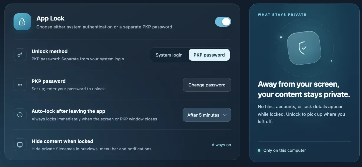アプリロック設定のデザインの一部：ロック解除の方法、専用パスワード、離席時の自動ロック、ロック中の内容非表示。デモデータです