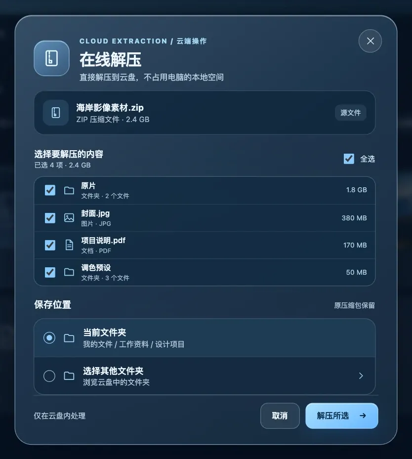 在线解压设计稿局部：选取压缩包内文件和云盘保存目录；内容为演示数据