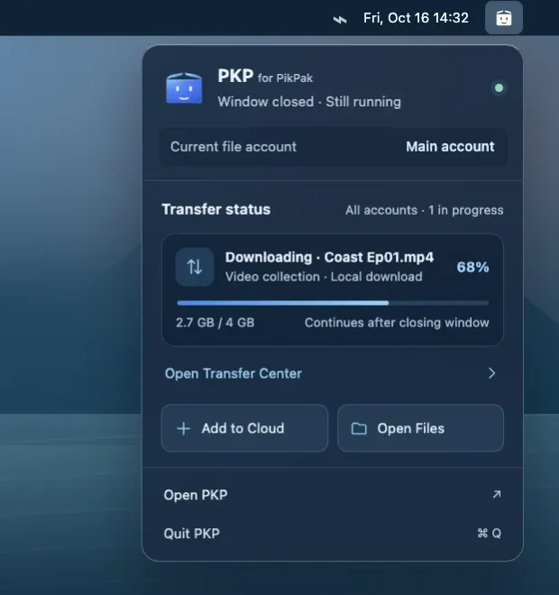 macOS メニューバーパネルのデザイン：ウインドウを閉じても動作中、各アカウントの転送進捗とショートカット。デモデータです