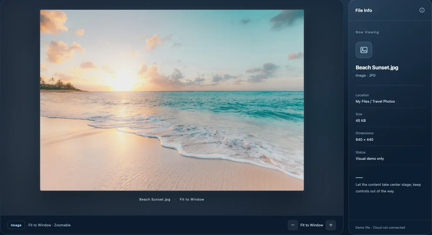 ファイル表示のデザインイメージ：画像を暗い背景で表示し、右側にファイル情報。サンプルは架空のデータです