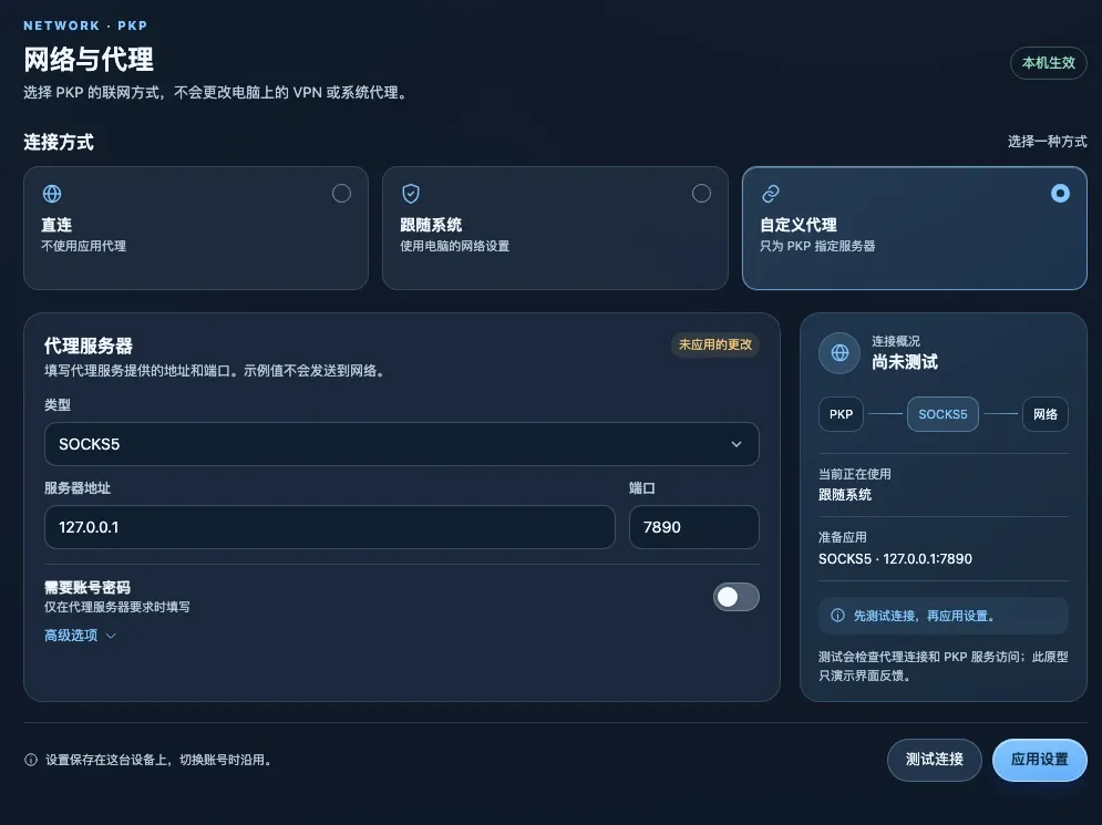 网络与代理设置设计稿：直连、跟随系统与自定义代理三种方式，SOCKS5 代理服务器表单与连接概览；演示数据